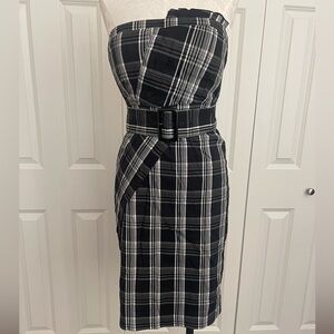 BCBG Black & White Plaid Belted Womens Dress